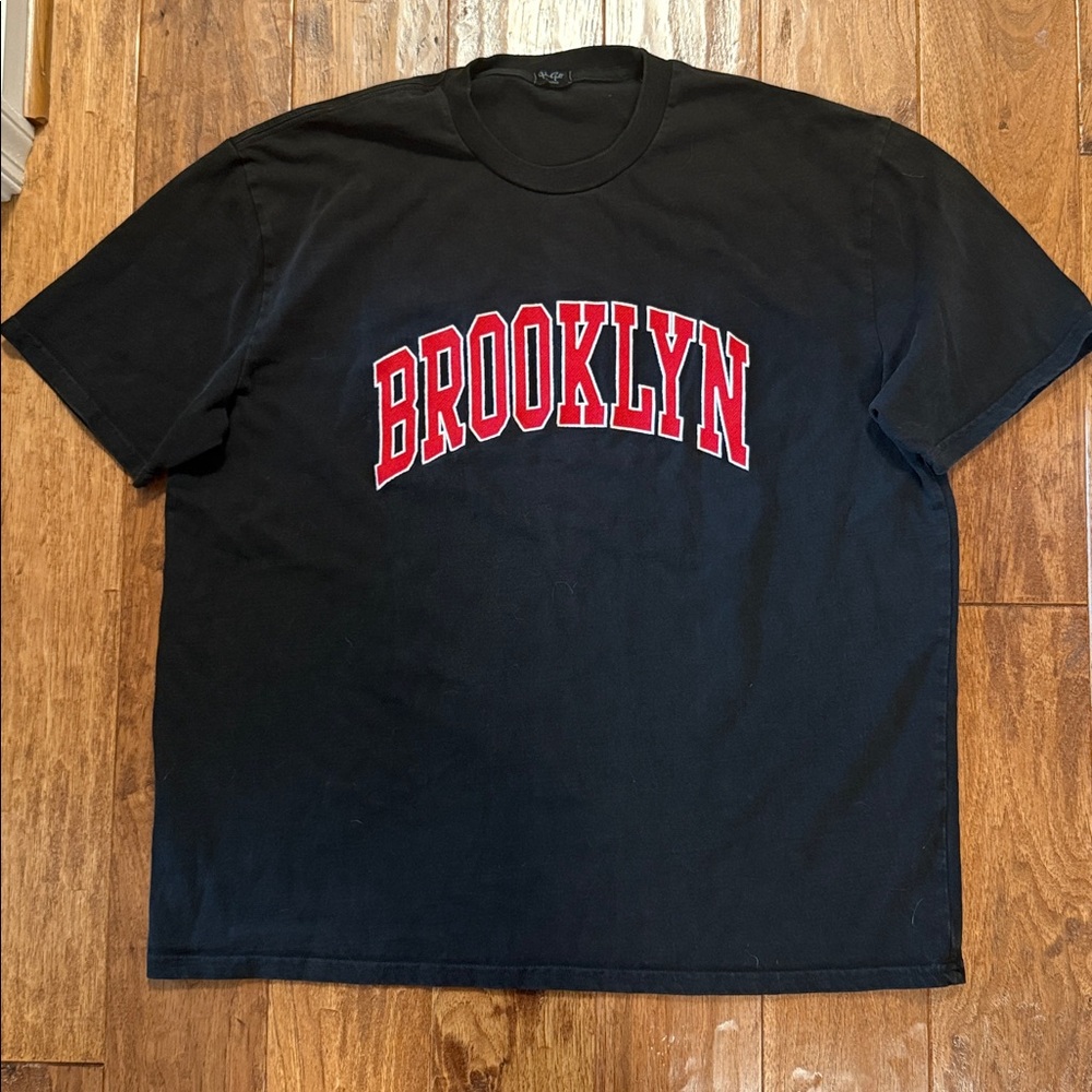 Brandy Melville Black T-Shirt with Red 'Brooklyn' Print